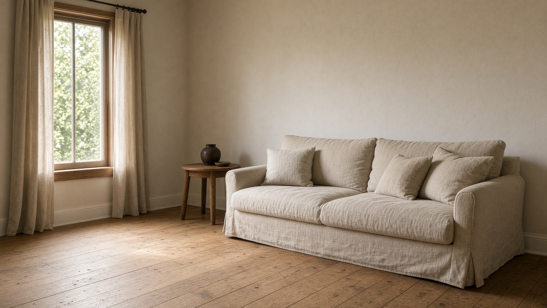 A finished living room with sage walls, a gray sofa, wood floors, and a window looking onto trees.